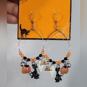 Halloween Themed Hoop Earrings with Charms. Cat. Pumpkin. Ghost